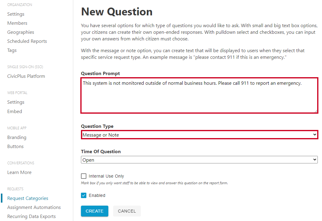question note on request category
