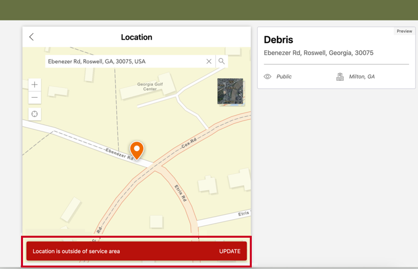 location is outside of service area.