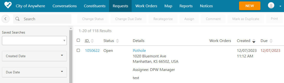SeeClickFix Requests screen.