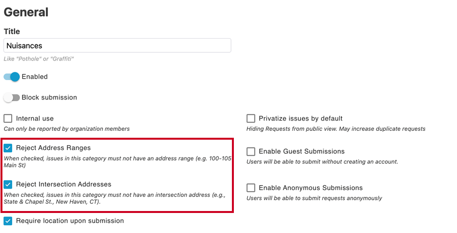 Reject Address and Intersection checkboxes.