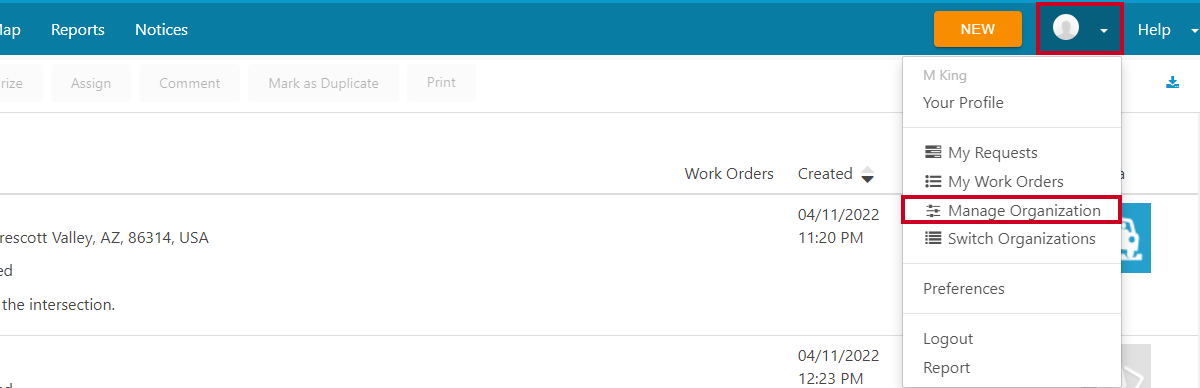 Profile icon menu, manage organization.