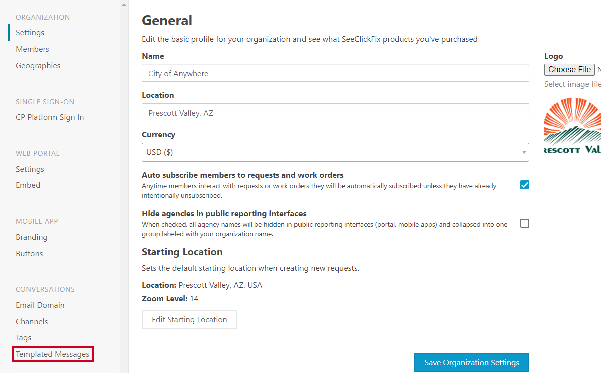 Left-hand menu, templated messages tab.