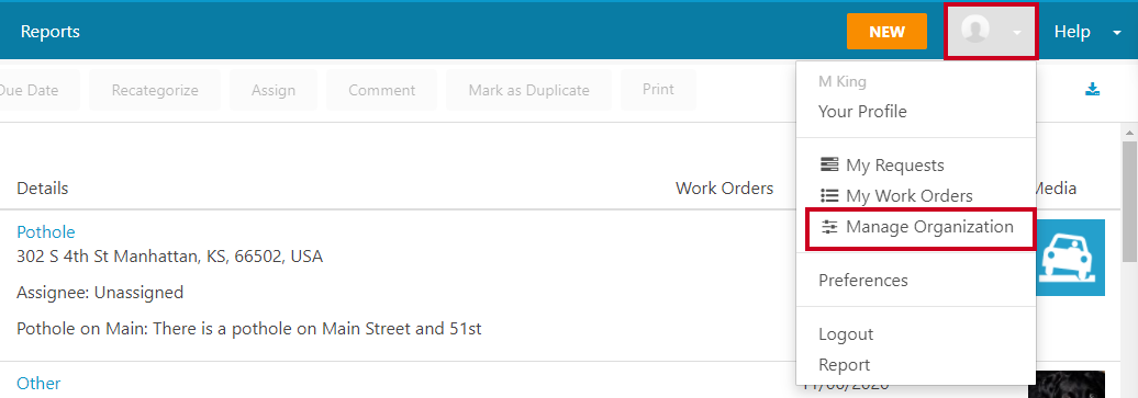 profile menu, organize organization.