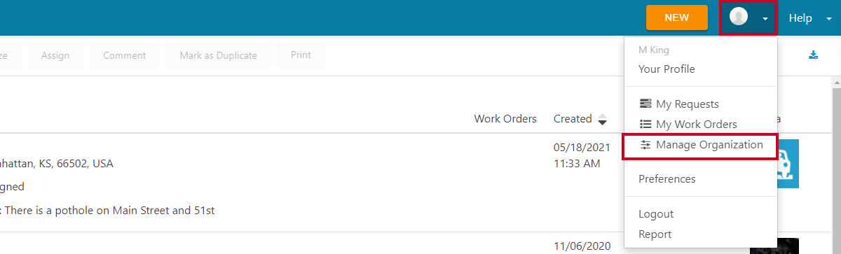profile menu, manage organization.