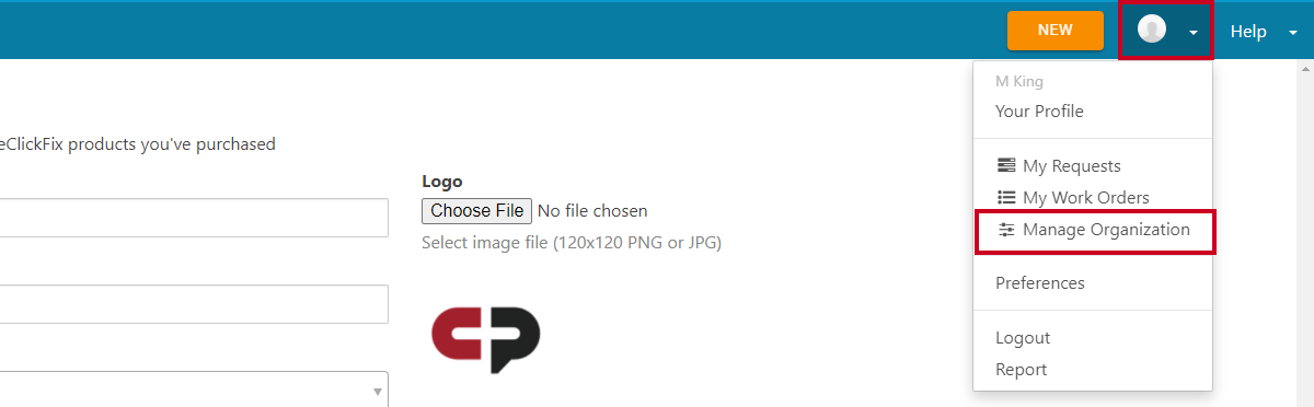 profile menu, manage organization.