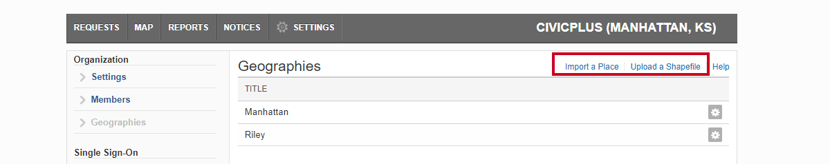 add geography buttons, import a place or upload a shapefile.
