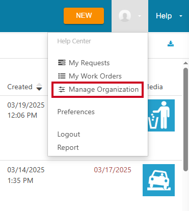 profile menu, manage organization.