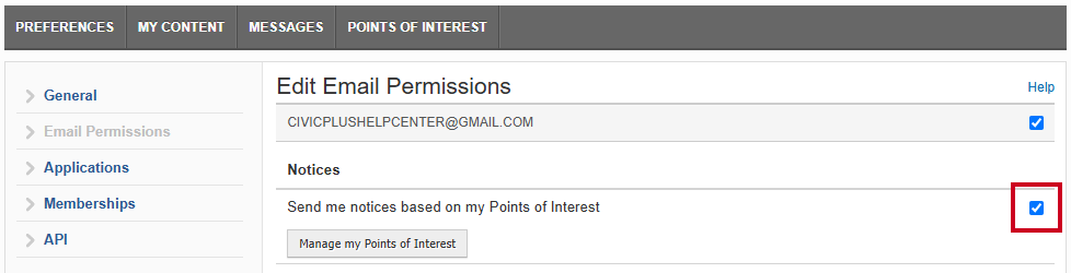 Send me notices based on my Points of Interest checkbox.