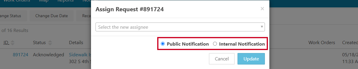 public or internal notification options