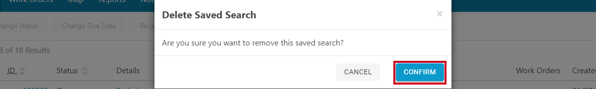 delete saved search confirm button.