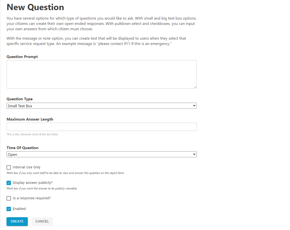 new question input fields