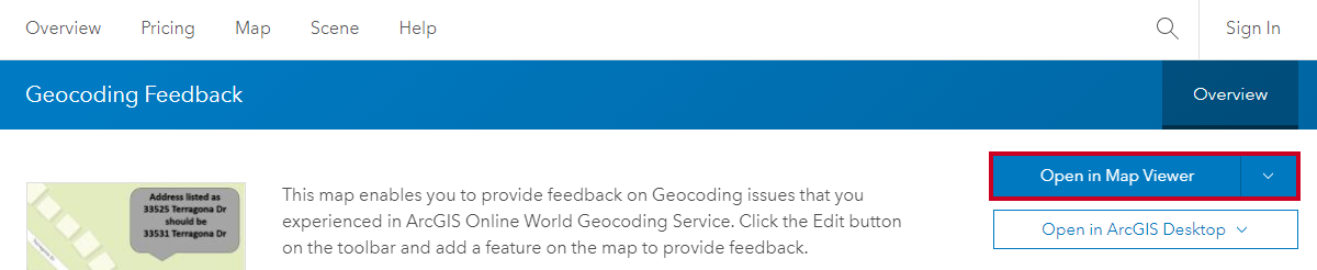 geocoding feedback, open in map viewer button