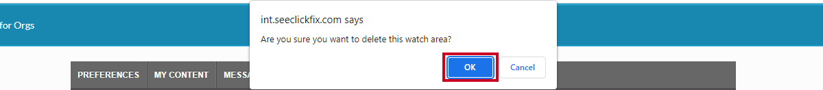 confirm delete pop-up window, okay button