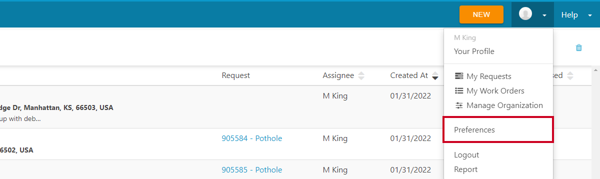 profile drop-down menu, preferences.