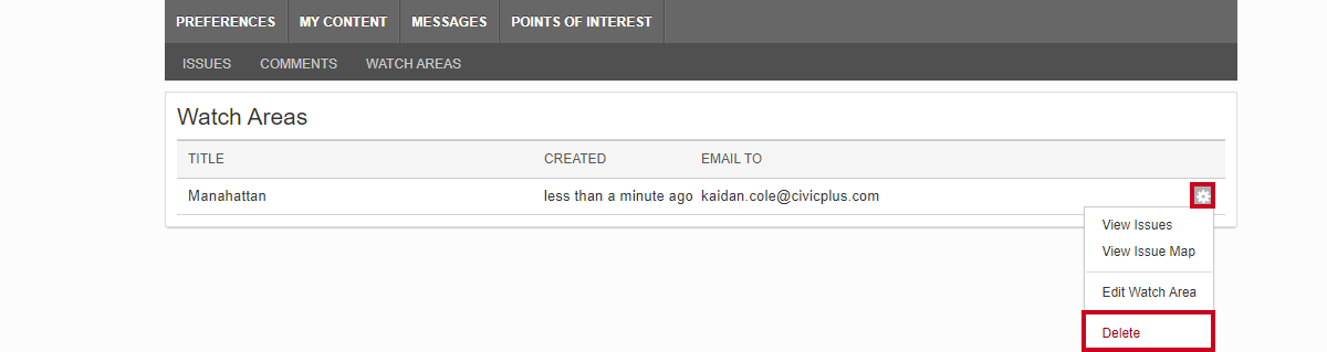 cog icon menu, delete.