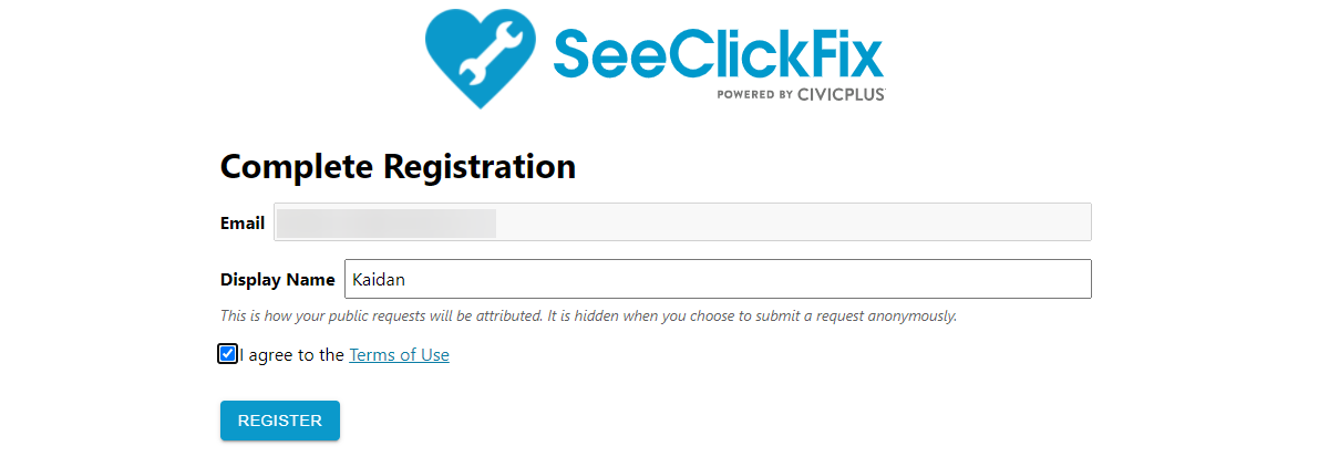 SeeClickFix (Citizen Relationship Management) complete registration form.