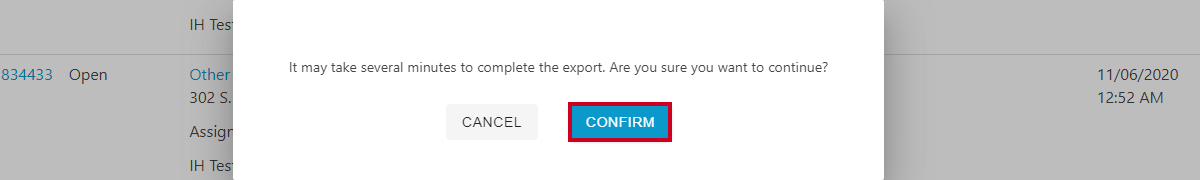 export confirmation pop-up, confirm button