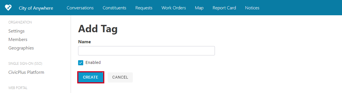 add tag, create button.