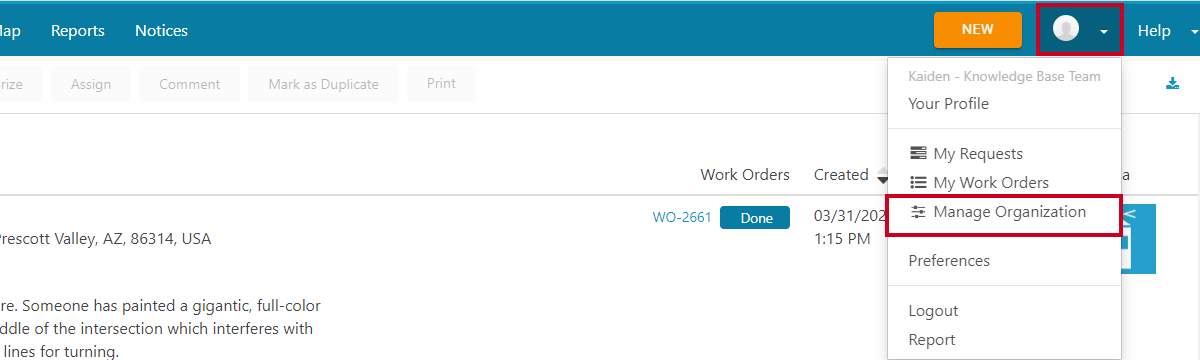 profile menu, manage organization.