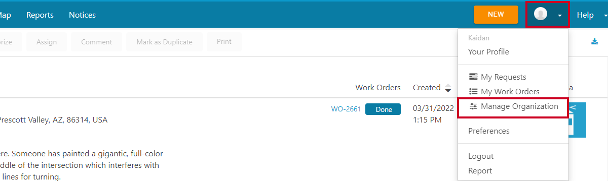 Profile menu, manage organization.