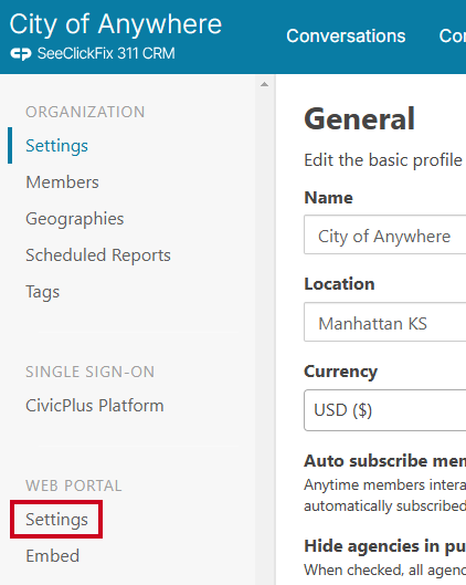 Web Portal Settings tab.
