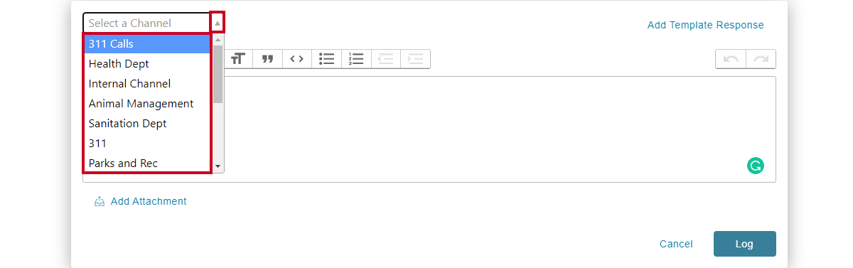Add message, select channel dropdown menu.