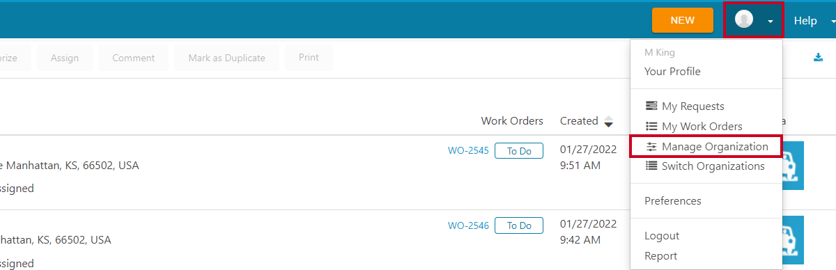 profile menu, manage organizations