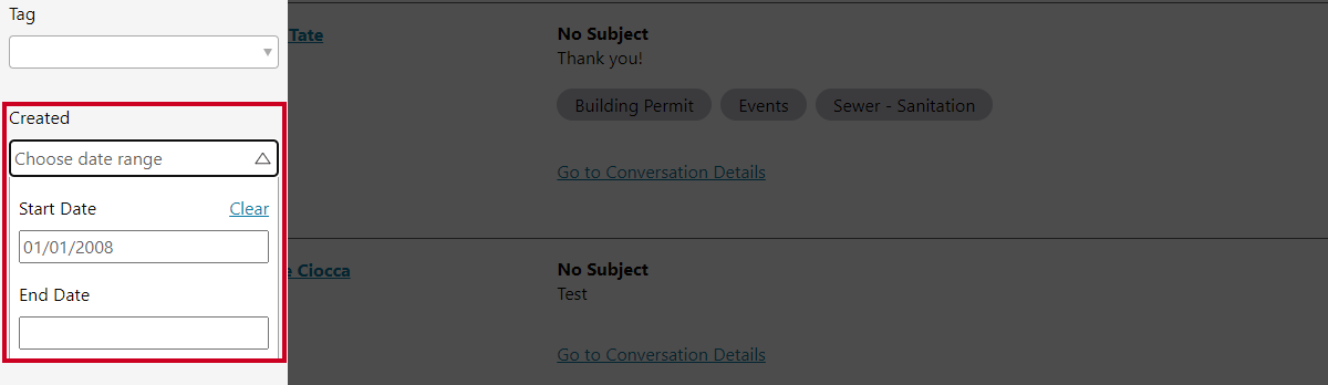 filter conversations window, created date input boxes.