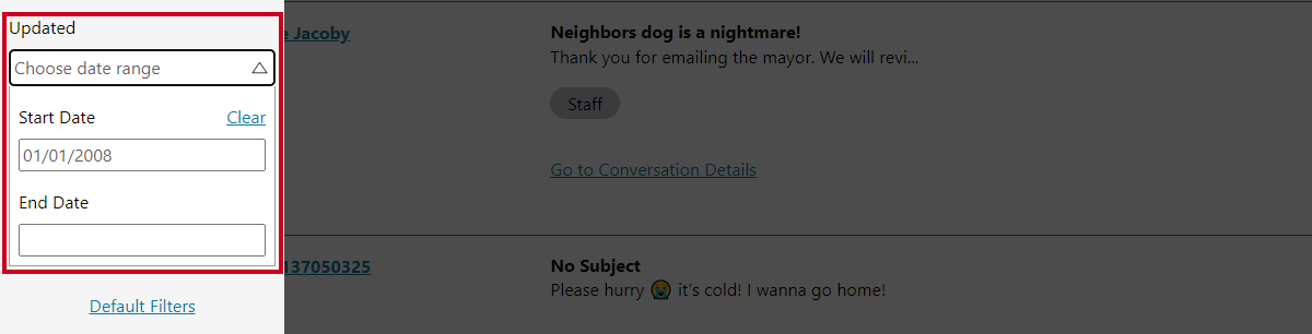 filter conversations window, updated date input boxes.
