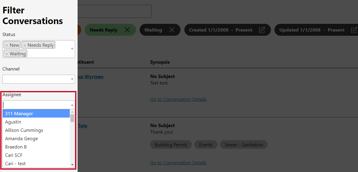 filter conversations window, assignee options.