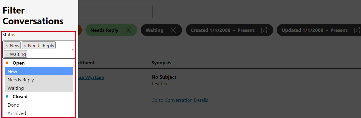filter conversations window, status options.