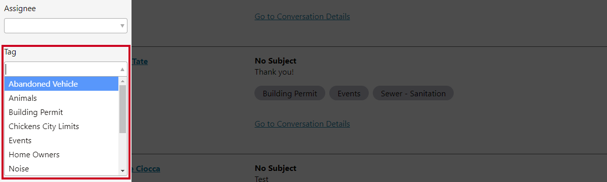 filter conversations window, tag options.