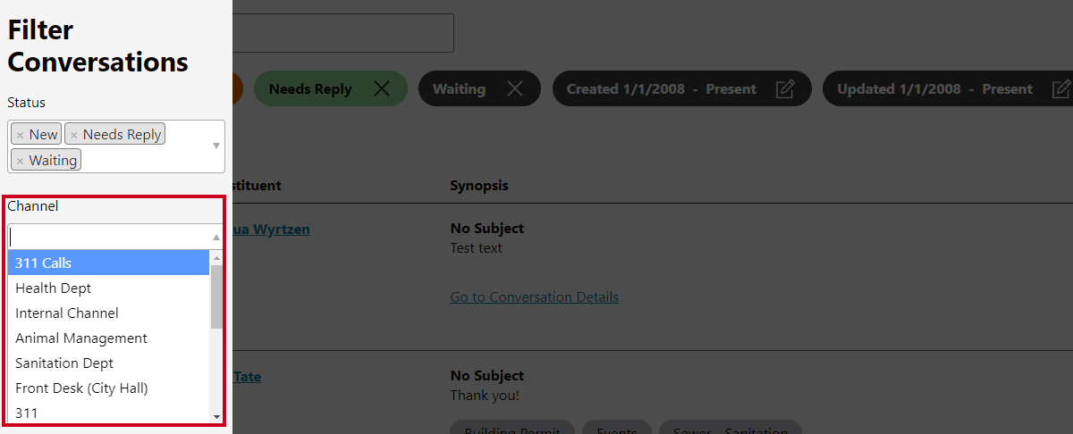 filter conversations window, channel options.