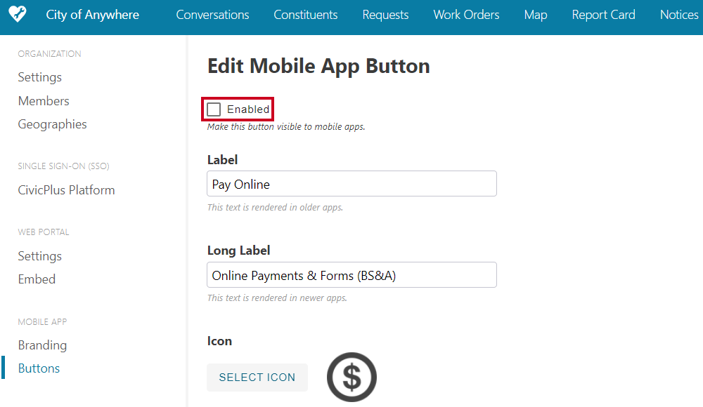 Enabled mobile button checkbox
